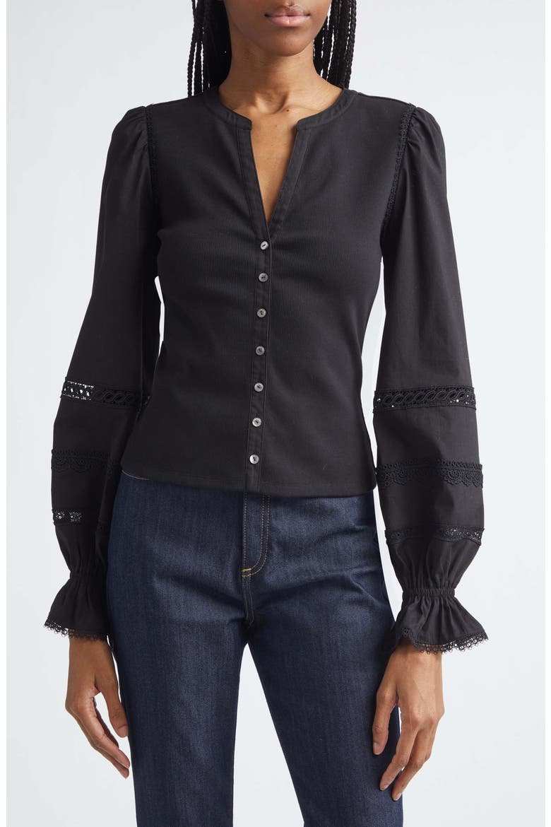 Ginny Lace Trim Puff Sleeve Top, Main, color, BLACK/ BLACK