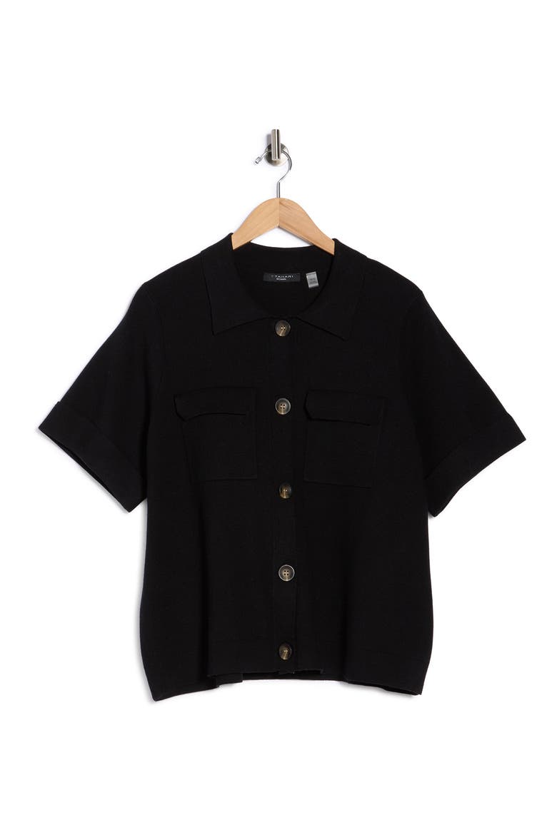Short Sleeve Button Front Cardigan, Alternate, color, BLACK