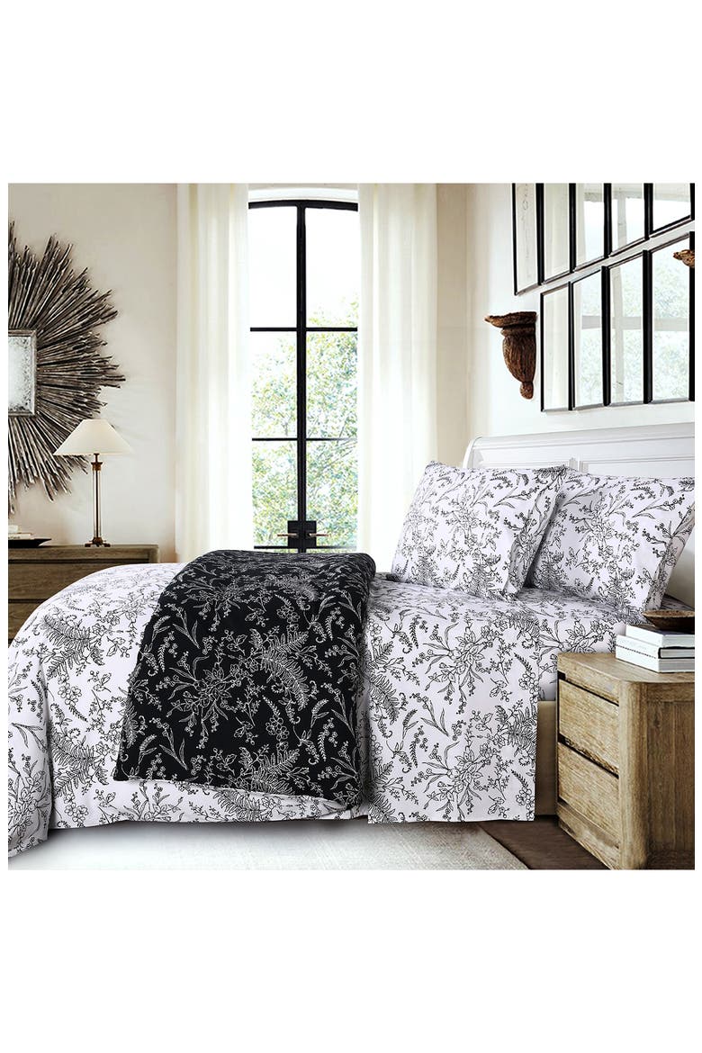 Southshore Fine Linens Winter Brush Sheet Set, Alternate, color, WHITE W/ BLACK FLOWERS