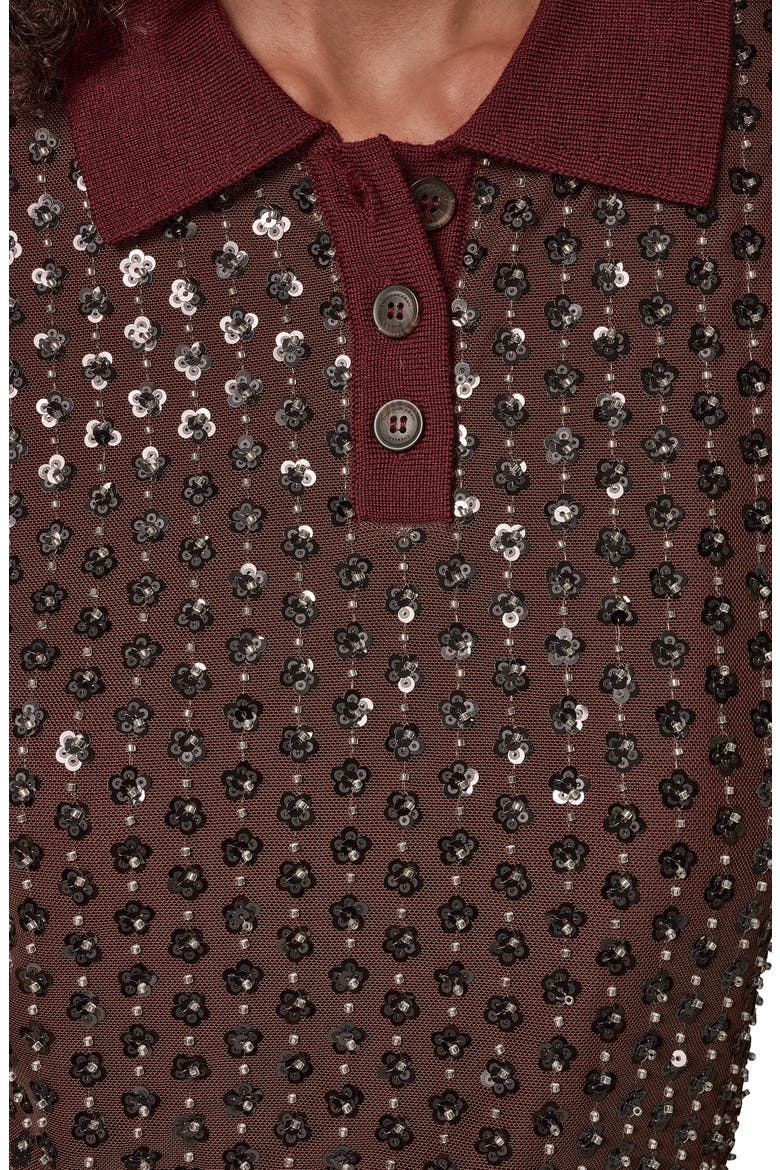 Sequin Floral Short Sleeve Polo Sweater, Alternate, color, BK CHRRY/ E