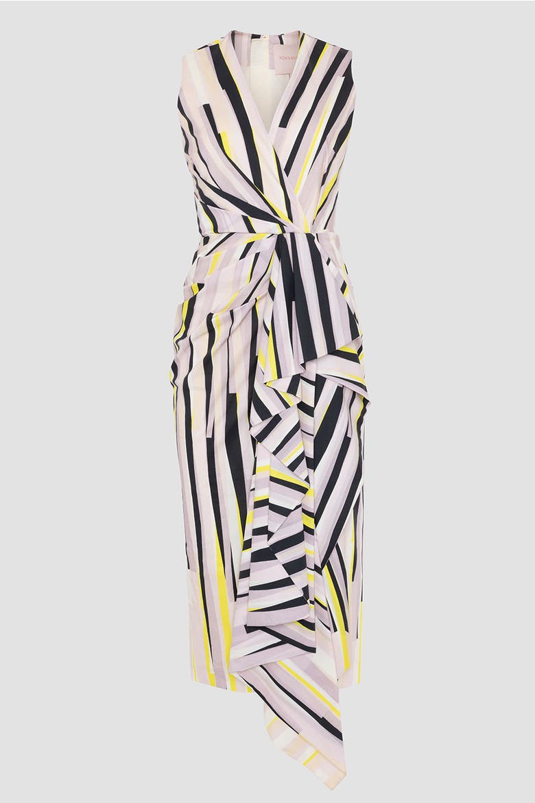 Esra Stripe Cotton Fitted Midi Dress, Alternate, color, Collage Print Yellow / Black