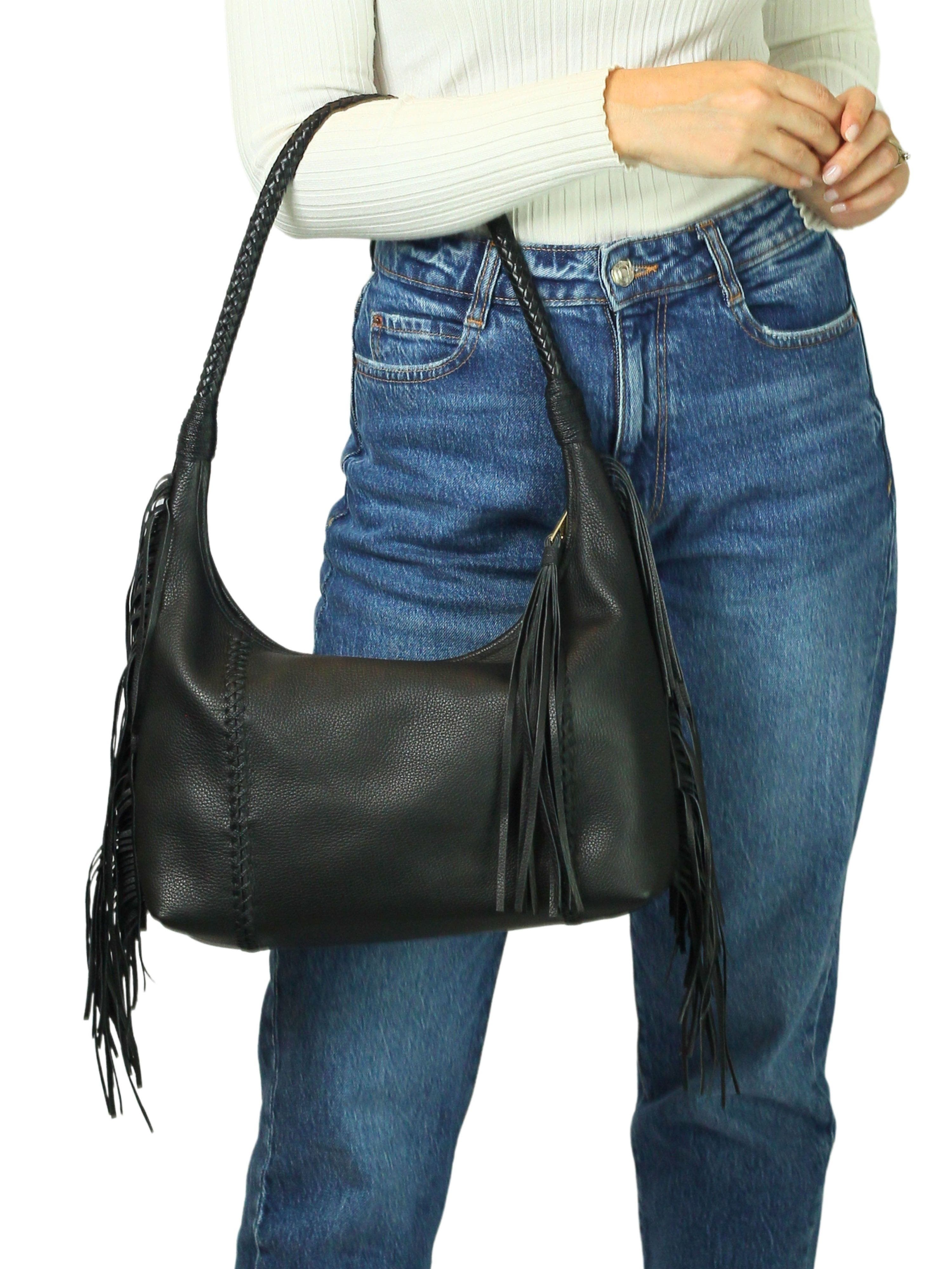 Carlos Falchi Large Fringe Top Grain Leather Hobo Shoulder Bag, Alternate, color, Black Obsidian