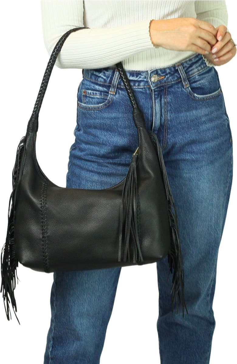 Carlos Falchi Large Fringe Top Grain Leather Hobo Shoulder Bag, Alternate, color, Black Obsidian
