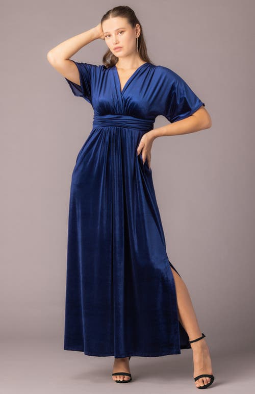 Kiyonna Verona V-neck Velvet Evening Gown With Pockets In Blue