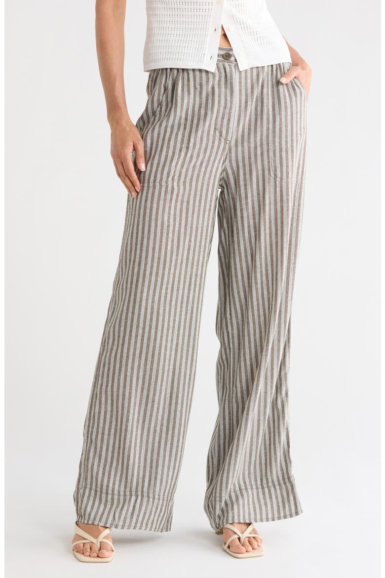 Stripe High Waist Wide Leg Linen Blend Pants, Main, color, OLIVE CARRIER STRIPE