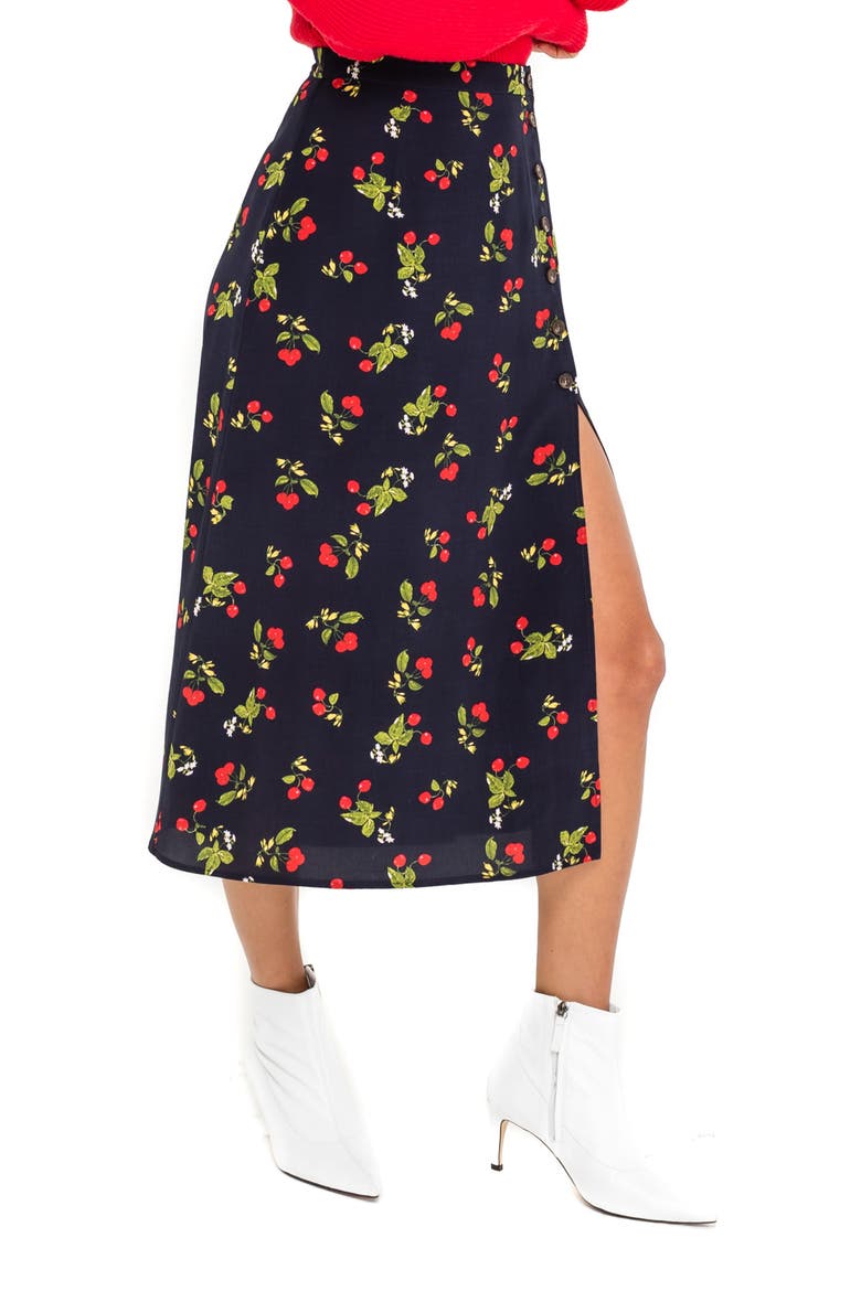 Cherry Pattern Button Side Slit Midi Skirt, Alternate, color, NAVY CHERRY PRINT