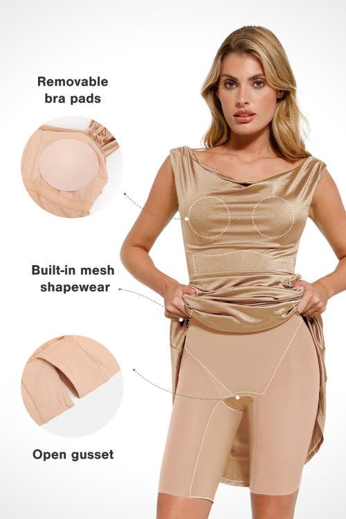 Popilush Shapewear Convertible Shine Sculpting Mermaid Dress In Gold