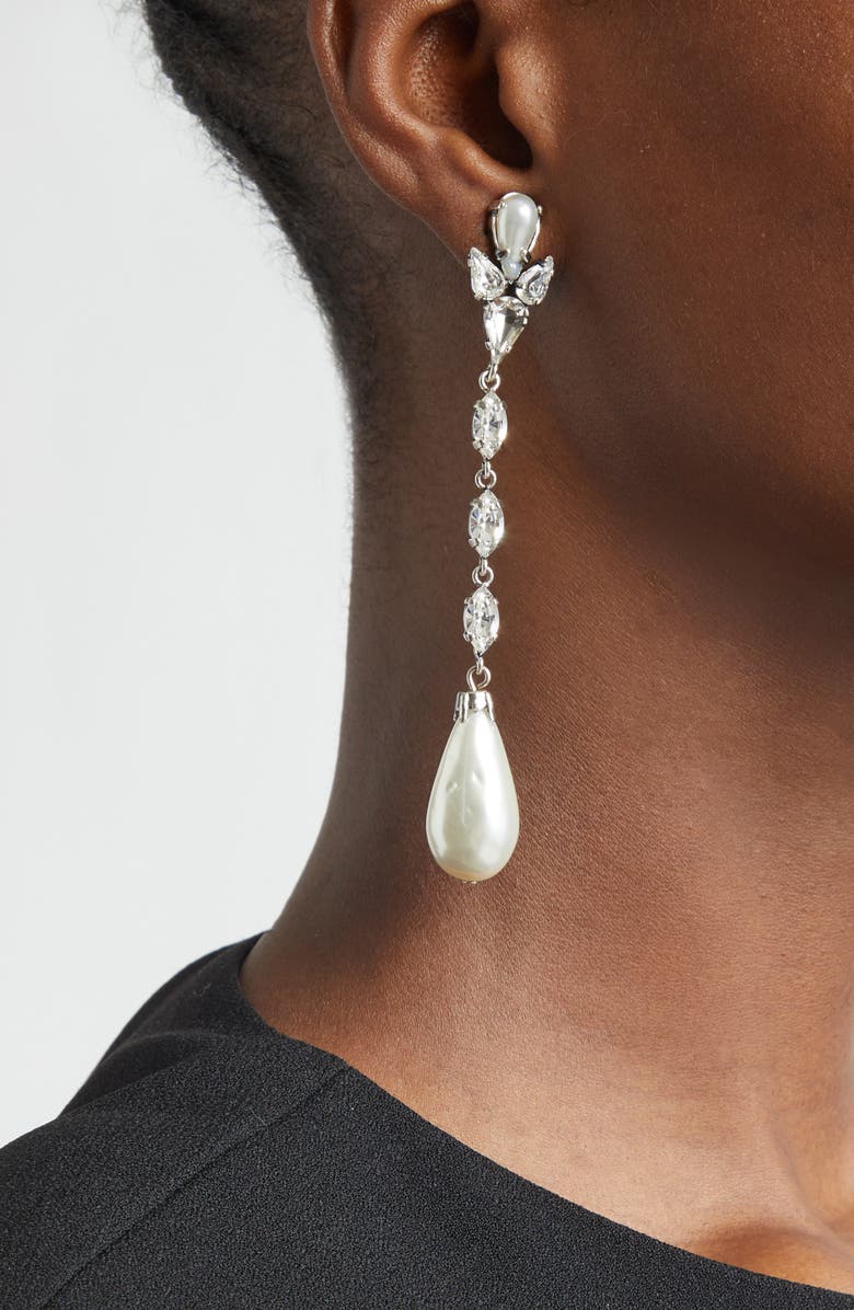 Saint Laurent Pendant Rhinestone & Faux Pearl Clip-On Earrings, Alternate, color, Creme/Crystal/Oxidized Silver