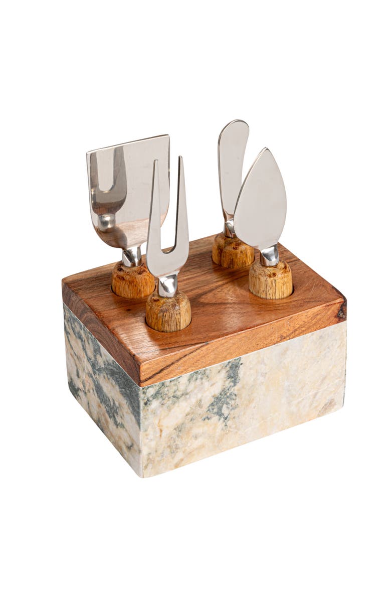 Storied Home Marble Cheese Server Set with Mango Wood Stand, Black, Set of 4, Main, color, Black
