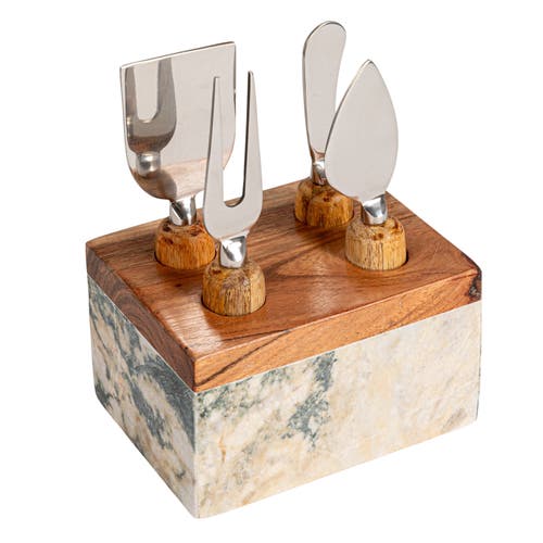 Storied Home Marble Cheese Server Set With Mango Wood Stand, Black, Set Of 4 In Brown