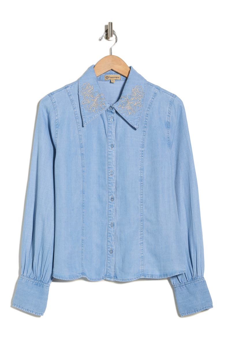Embroidered Chambray Button-Up Shirt, Alternate, color, LIGHT BLUE