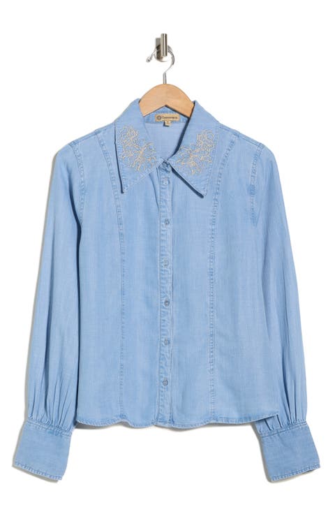 Embroidered Chambray Button-Up Shirt