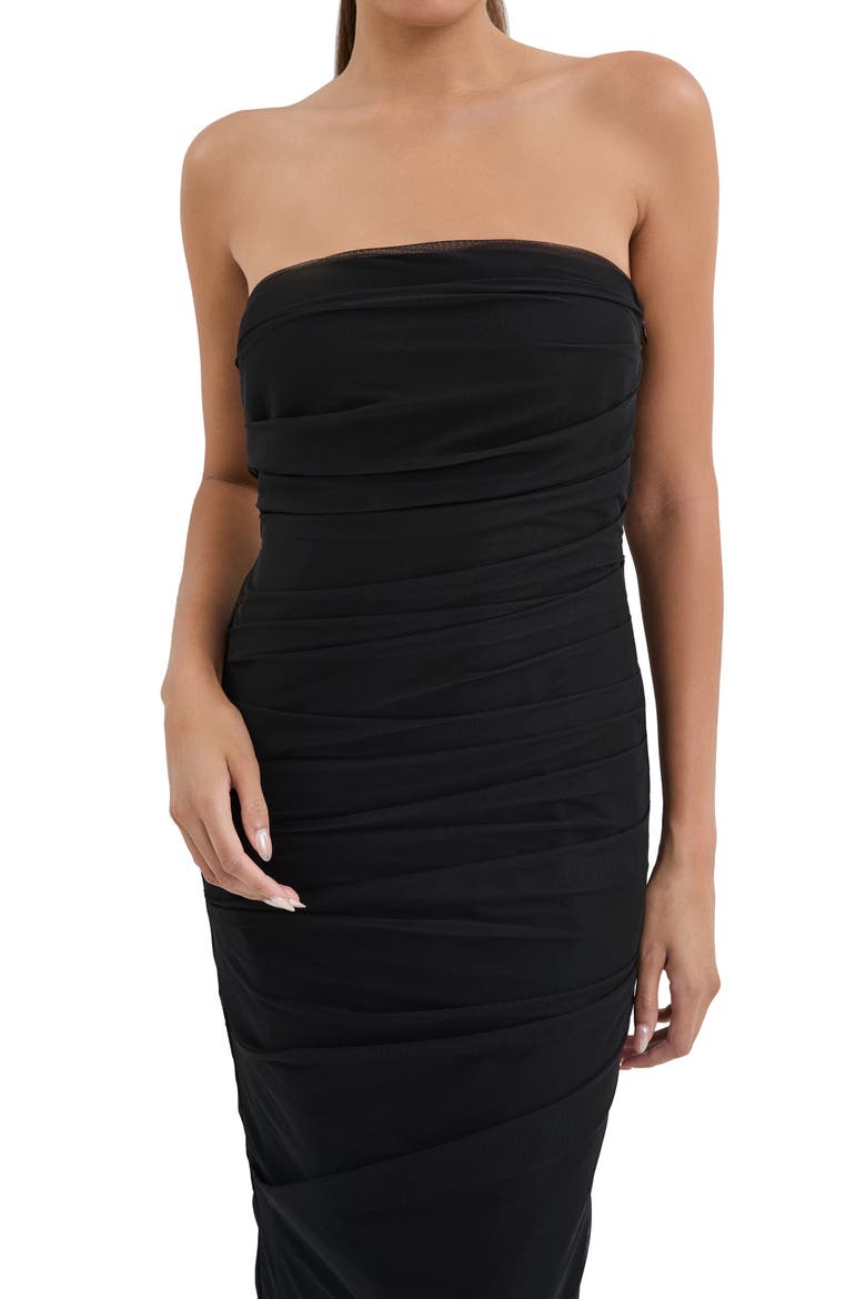 Lilah Ruched Strapless Midi Dress, Alternate, color, BLACK