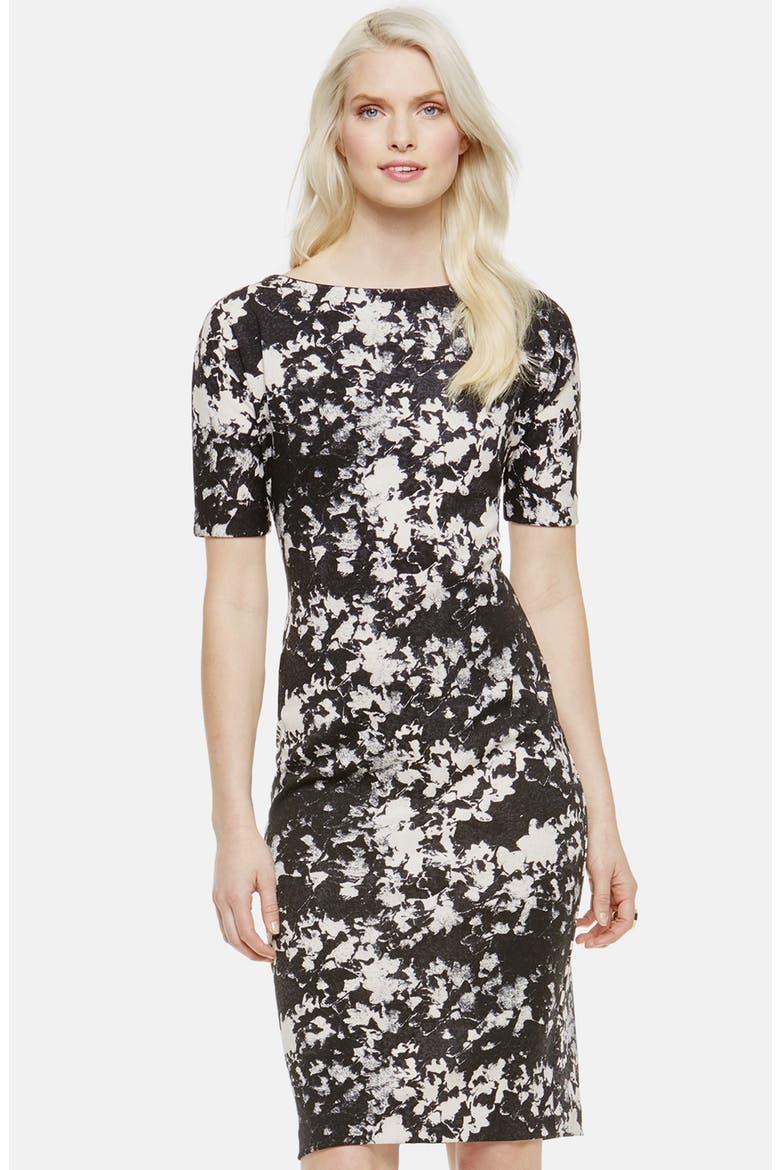 'Bustling Floral' Print Scuba Knit Sheath Dress, Main, color, SWAN GREY