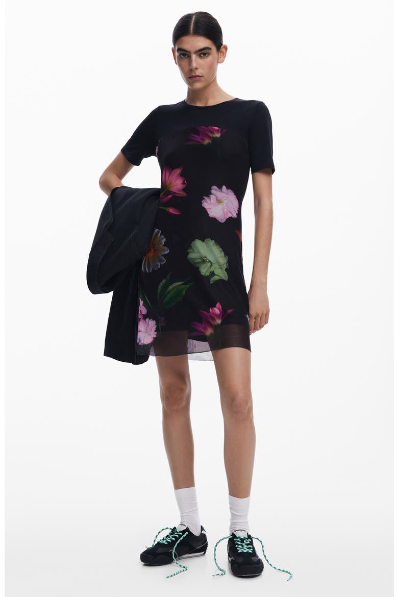 Floral Print Knit Minidress, Alternate, color, BLACK