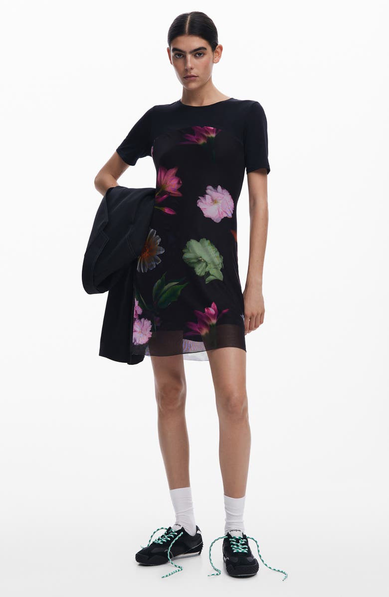 Desigual Floral Print Knit Minidress, Alternate, color, Black