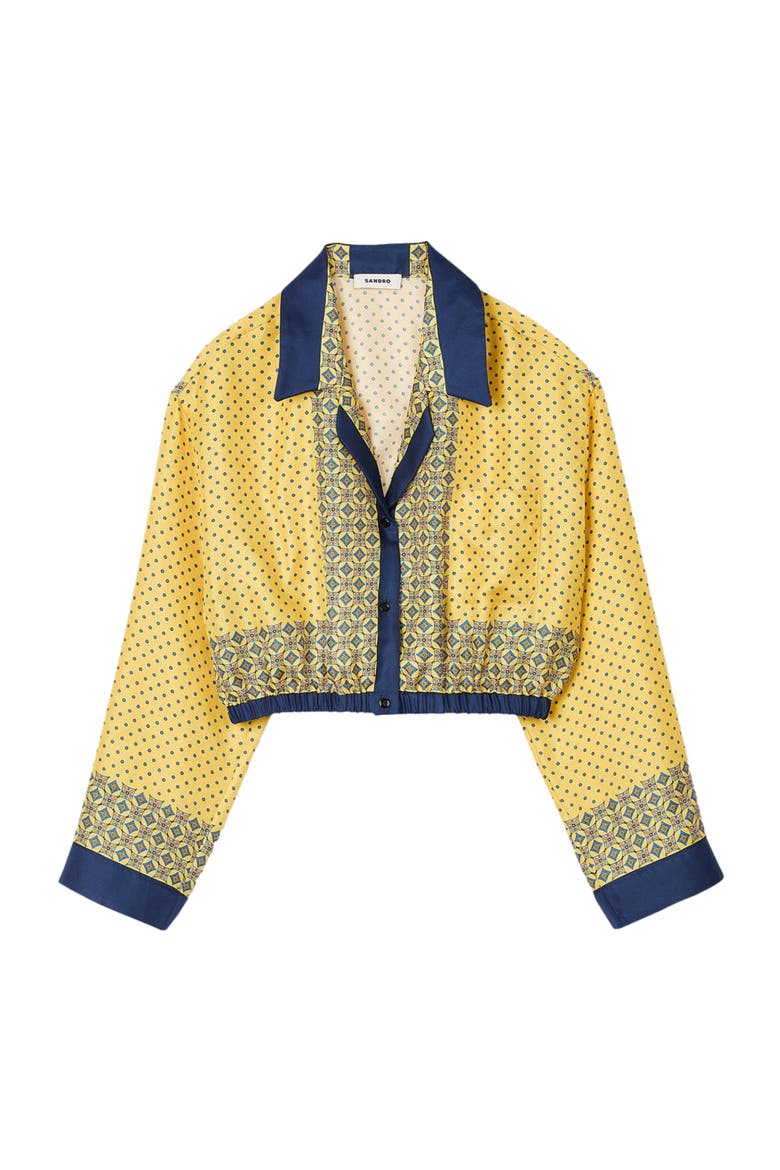 Short patterned flowing silk shirt, Alternate, color, Yellow / blu