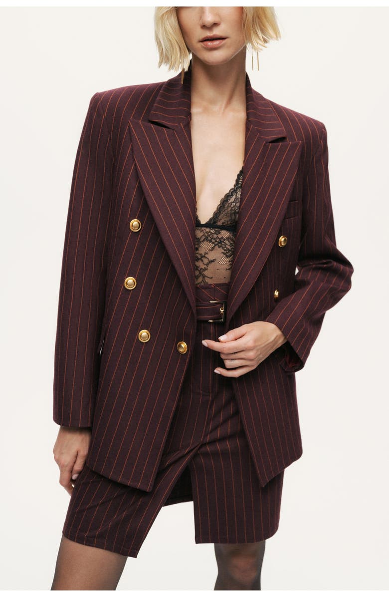 Nocturne Pinstripe Double-Breasted Blazer, Alternate, color, Burgundy