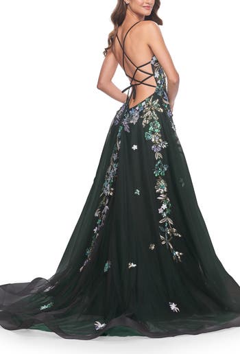 Gorgeous Sequin Floral Lace Applique A-Line Tulle Prom Dress