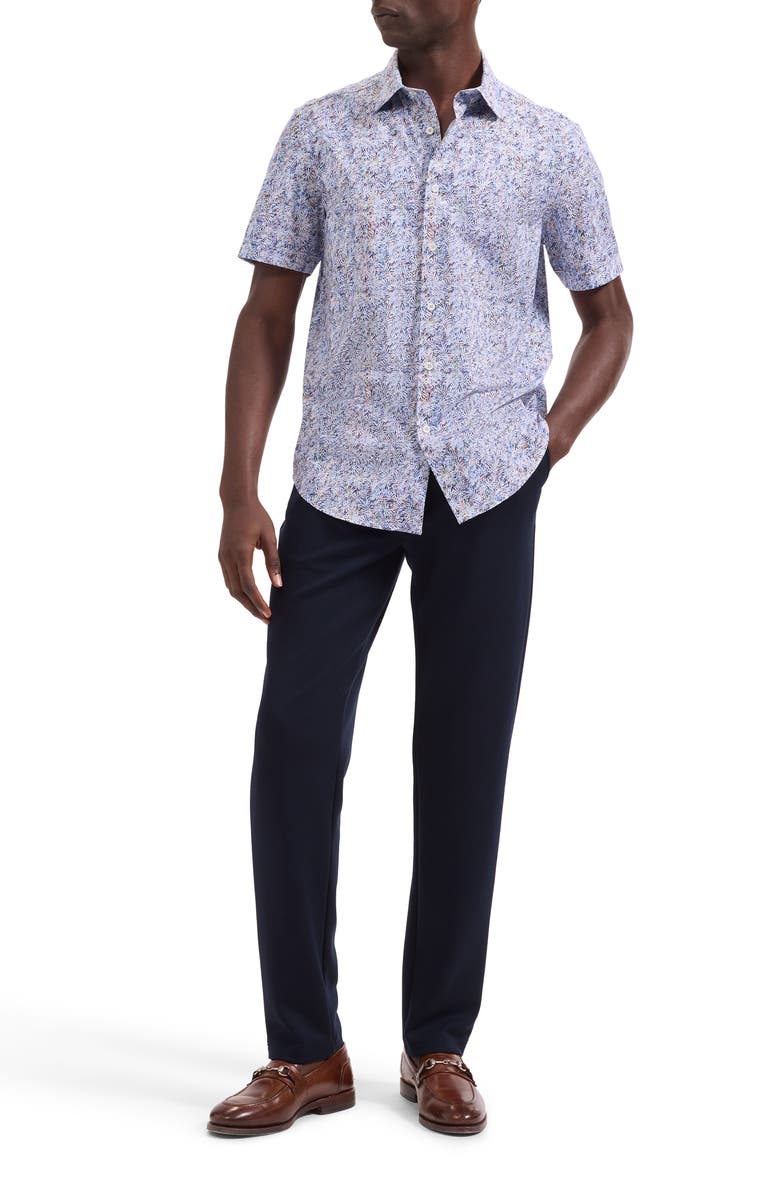 Bugatchi Miles OoohCotton<sup>®</sup> Tropical Leaf Print Short Sleeve Button-Up Shirt, Alternate, color, Iris