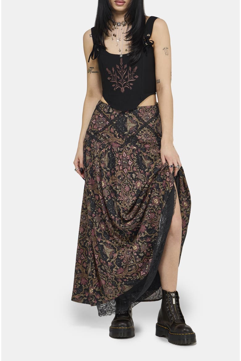 Mythos Print Lace Detail Midaxi Skirt, Main, color, Black