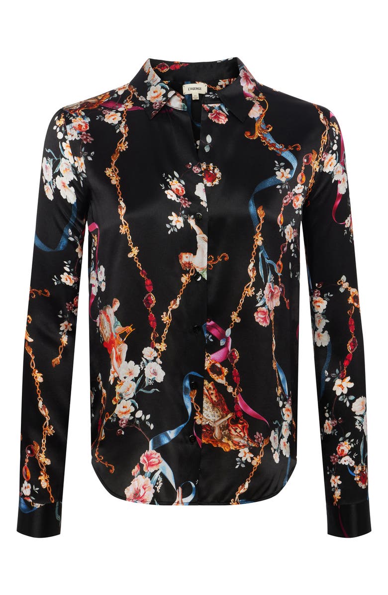 L'AGENCE Tyler Floral Print Long Sleeve Silk Shirt, Alternate, color, Black Multi Rococo Angel