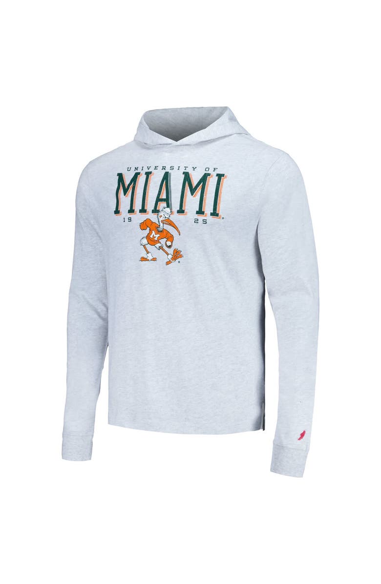 LEAGUE COLLEGIATE WEAR Men's League Collegiate Wear Ash Miami Hurricanes Team Stack Tumble Long Sleeve Hooded T-Shirt, Alternate, color,