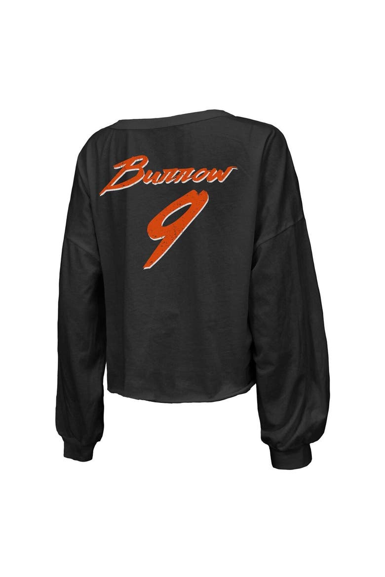 Women's Majestic Threads Joe Burrow Black Cincinnati Bengals Name & Number Off-Shoulder Script Cropped Long Sleeve V-Neck T-Shirt, Alternate, color, Black