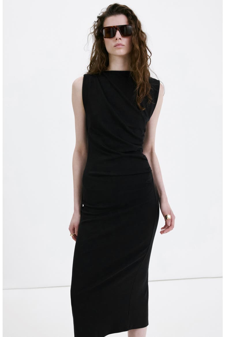 Ruched Sleeveless Midi Dress, Alternate, color, BLACK