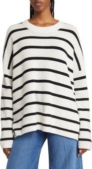 Nordstrom Stripe Oversize Organic Cotton & Wool Crewneck Sweater