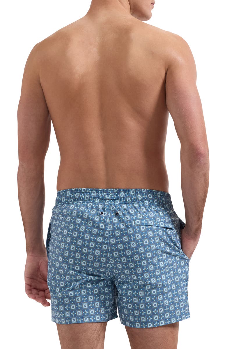 Bugatchi Cruz Print Swim Trunks, Alternate, color, Peacock