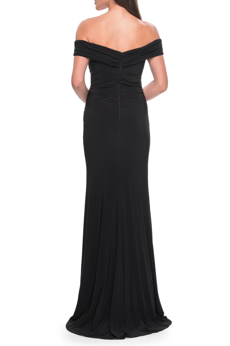 Off the Shoulder Jersey Dress with Ruching and Slit, Alternate, color, Black