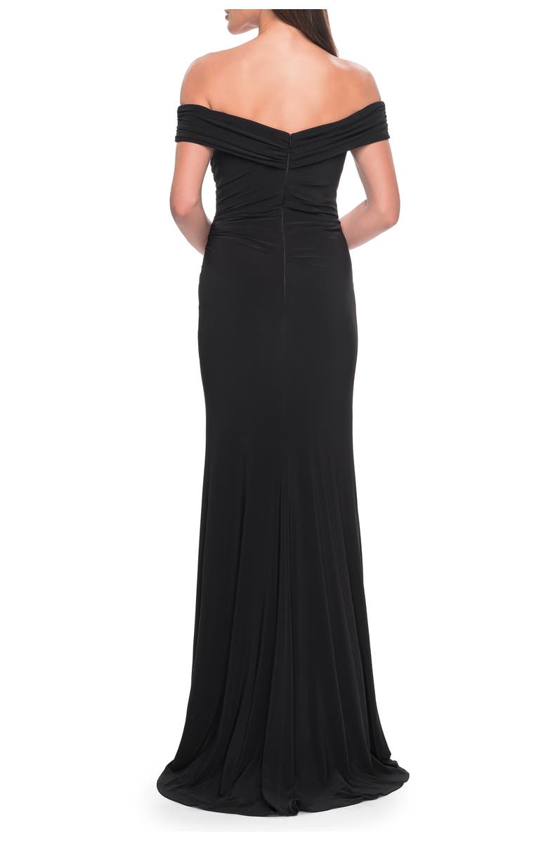 La Femme Off the Shoulder Jersey Dress with Ruching and Slit, Alternate, color, Black
