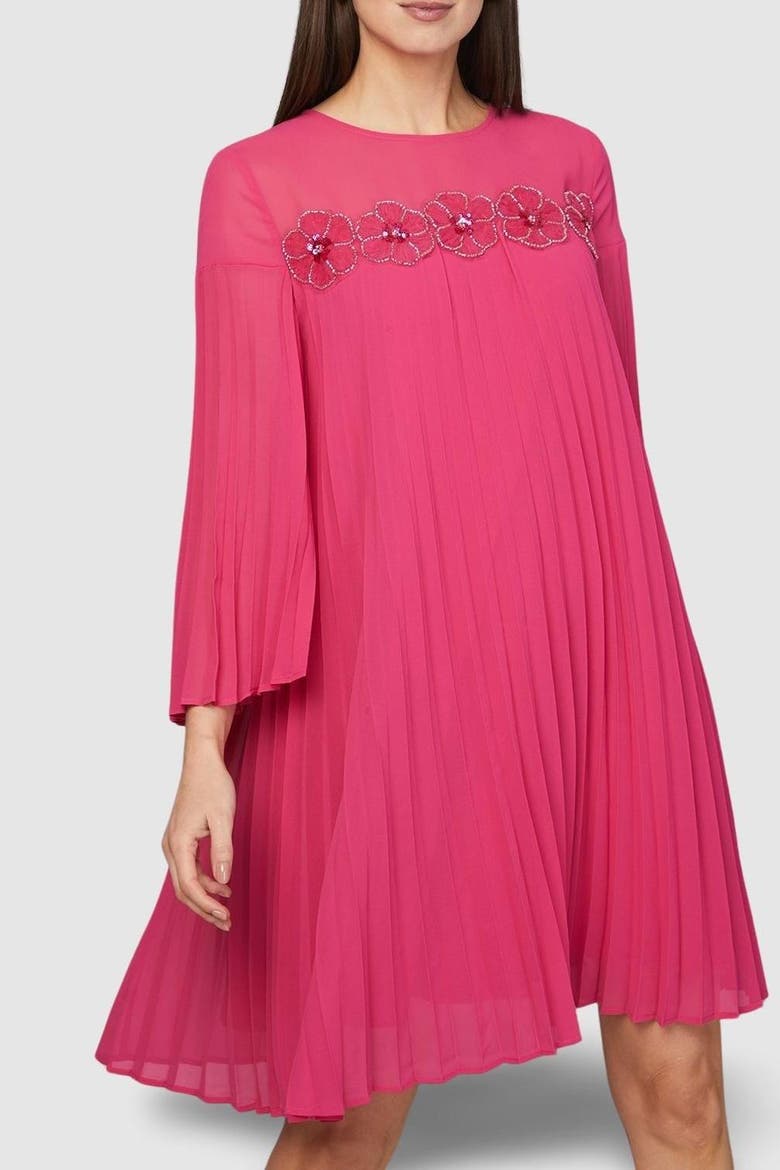 Pleated Floral Trim Shift Dress, Alternate, color, Pink