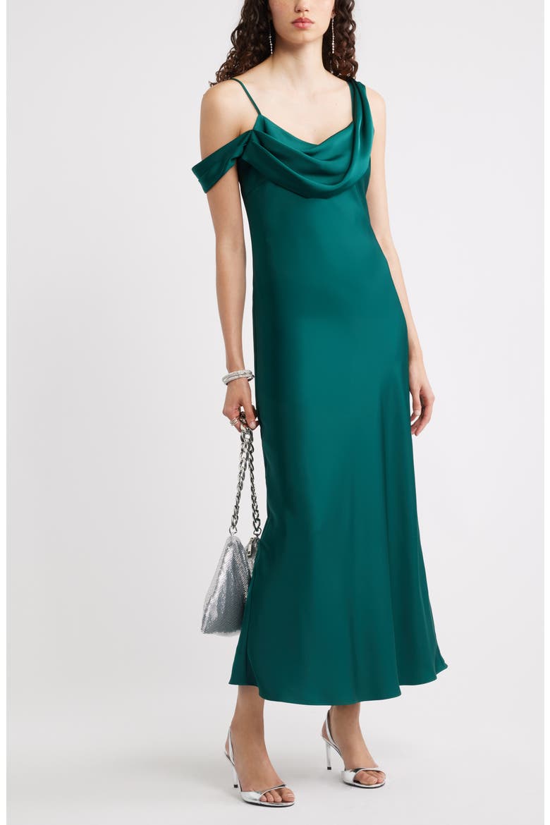 Off the Shoulder Satin Maxi Dress, Alternate, color, GREEN PONDEROSA