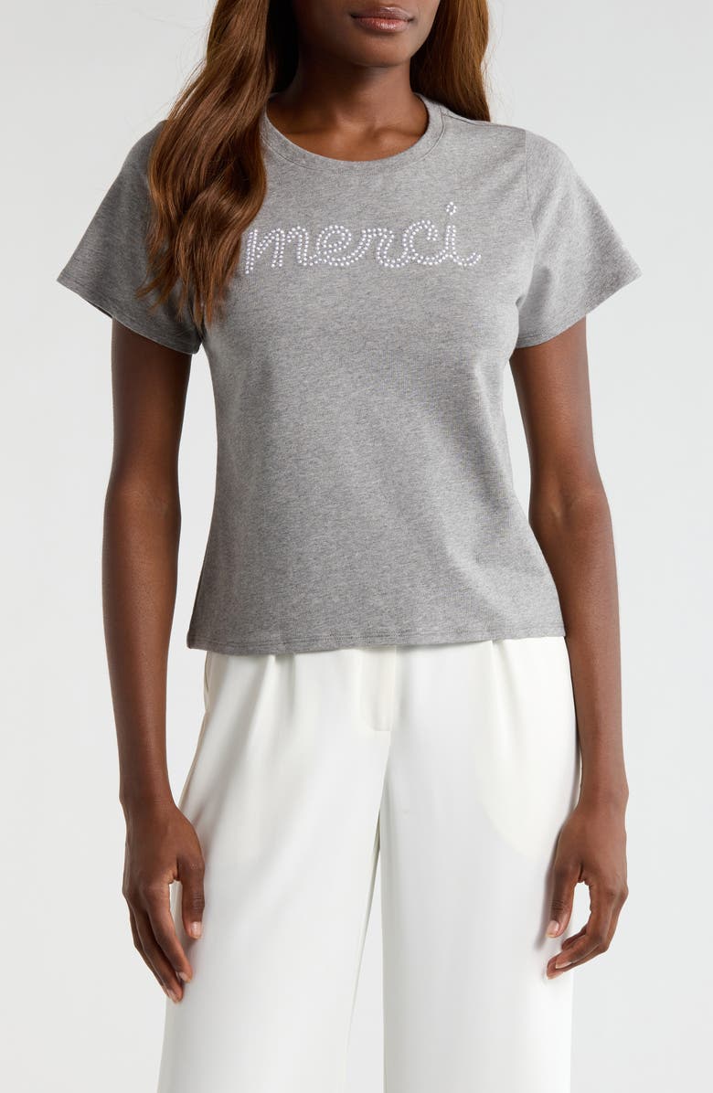 Cinq à Sept Merci Embellished Cotton Graphic T-Shirt, Main, color, Heather Grey/ White