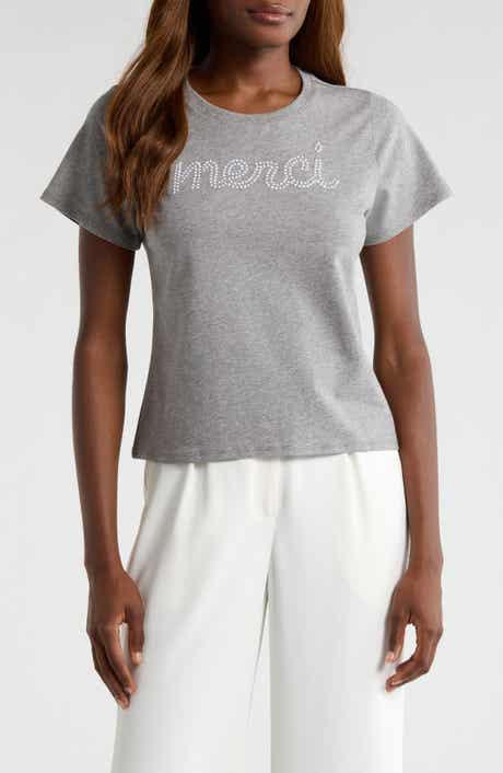 Cinq à Sept Merci Embellished Cotton Graphic T-Shirt