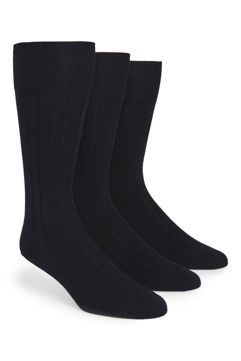 3-Pack Wide Rib Dress Socks, Main, color, NAVY