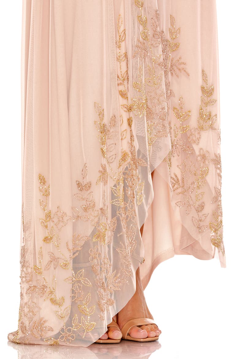 Asymmetrical One Shoulder Beaded Hem Mesh Gown, Alternate, color, ROSE