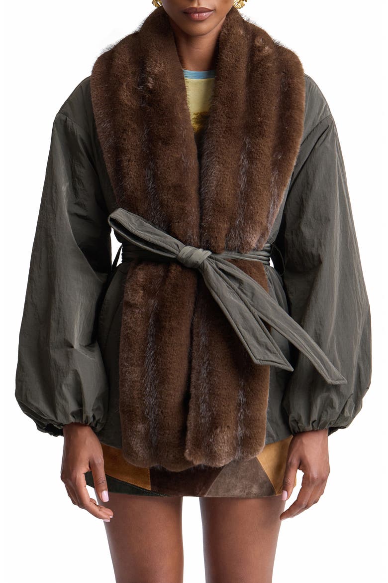 Balloon Belted Puffer Coat with Faux Fur Trim, Main, color, DARK FOREST/ MINK