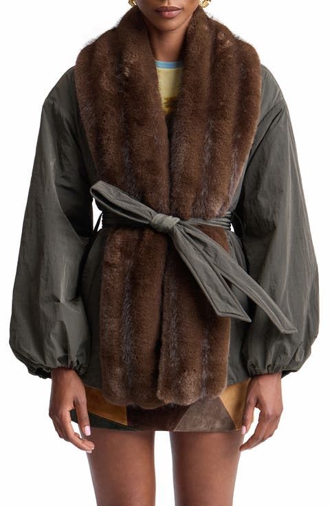 Balloon Belted Puffer Coat with Faux Fur Trim