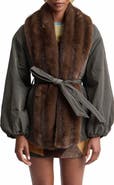 Avec Les Filles Balloon Belted Puffer Coat with Faux Fur Trim