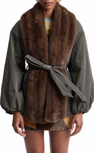 Avec Les Filles Balloon Belted Puffer Coat with Faux Fur Trim