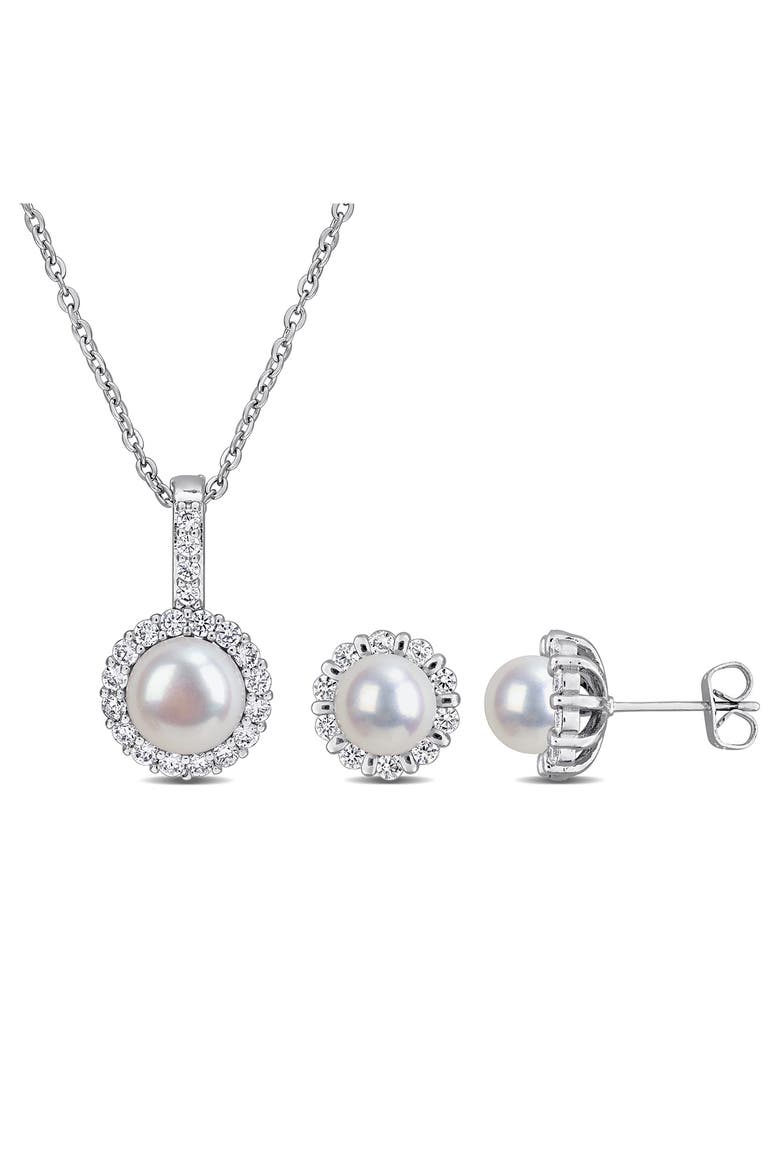 Cultured Pearl & Cubic Zirconia Halo Pendant Necklace & Stud Earrings Set, Main, color, SILVER
