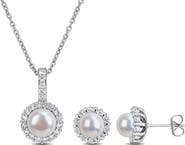DELMAR Cultured Pearl & Cubic Zirconia Halo Pendant Necklace & Stud Earrings Set