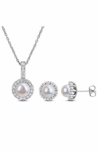 DELMAR Cultured Pearl & Cubic Zirconia Halo Pendant Necklace & Stud Earrings Set