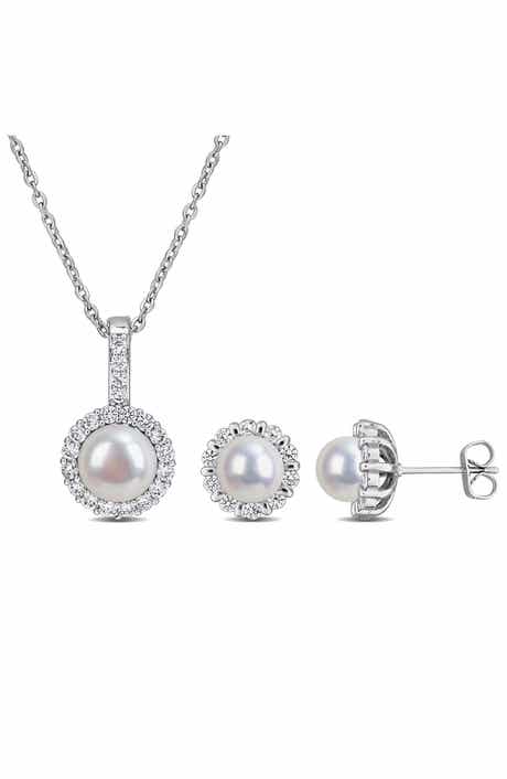 DELMAR Cultured Pearl & Cubic Zirconia Halo Pendant Necklace & Stud Earrings Set