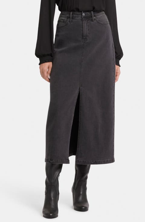 High Waist Slit Front Denim Maxi Skirt (Petite)