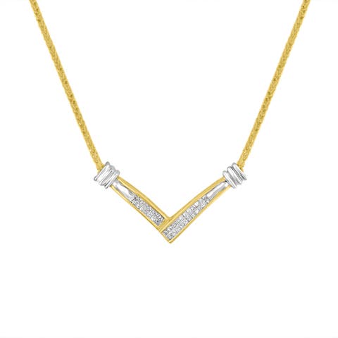 14K Yellow and White Gold 1/4 Cttw Diamond "V" Shape 18" Pendant Necklace