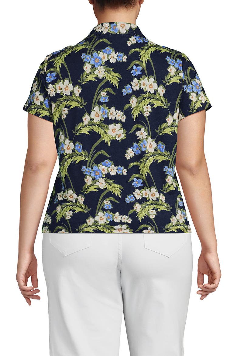 Linen Blend Short Sleeve Button Front Polo Top, Alternate, color, Deep Sea/Blue Floral Tropic